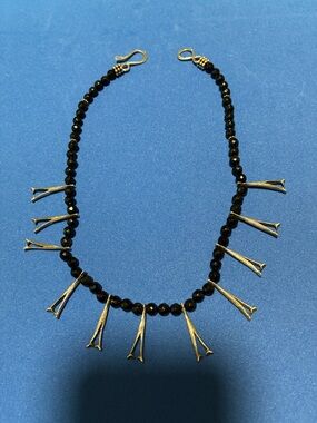 Black Onyx Beaded Necklace with Stirling Silver "Toe Bones" 16" long